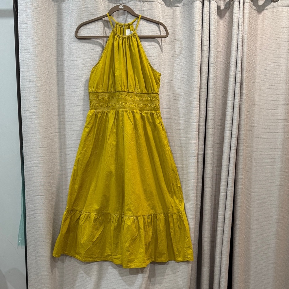 A New Day 100% Cotton Yellow Gathered Halter Maxi Dress Size M